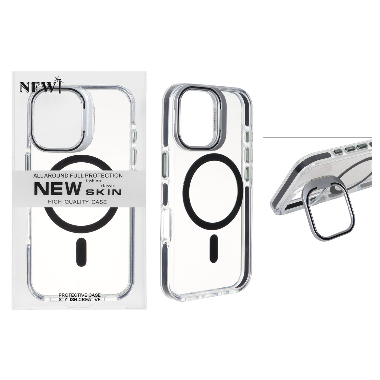 قاب اورجینال New Skin شفاف کریستالی MagSafe لنز استندشو Apple iPhone 16 - مشکی (پک دار)